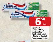 Aquafresh Lemon+Mint, Fresh+Minty, Musk Mint, Mild+Minty Or Herbal Toothpaste-100ml Each