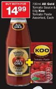 All Gold Tomato Sauce-700ml & Koo Tomato Paste-50gm