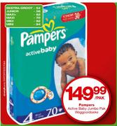Pampers Active Baby Jumbo Pak Weggooidoeke Maxi-70's/Midi-82's/Mini-94's Per Pack