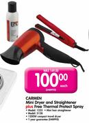 Carmen Mini Dryer And Straightener 1235+ Free Thermal Protect Spray 5138-Each