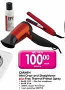 Carmen Mini Dryer And Straightener 1235 Plus Free Thernal Protect Spray 5138-Each