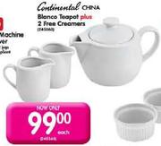 Continental China Blanco Teapot+2 Free Creamers-Each