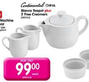 Continental China Blanco Teapot Plus 2 Free Creamers-Each