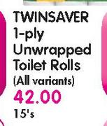 Twinsaver 1 Ply Unwrapped Toilet Rolls(All variants)-15's Pack