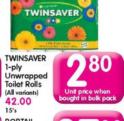 Twinsaver 1 Ply Unwrapped Toilet Rolls(All variants)-Each