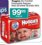 Huggies Dry Comfort Disposable Nappies Maxi 50's/Midi 58's/Mini 66's Per Pack