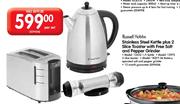 Russell Hobbs Stainless Steel Kettle Plus 2 Slice Toaster With Free Salt And Pepper Grinder-Per Set