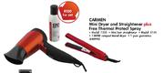 Carmen Mini Dryer And Straightener(1235) Plus Free Thermal Protect Spray(5138)-Each