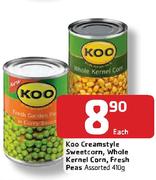 Ko Creamstyle Sweetcorn,Whole Kernel Corn,Fresh Peas Assorted-410g Each
