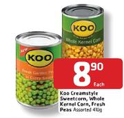 Koo Creamstyle Sweetcorn,Whole Kernel Corn,Fresh Peas Assorted -410g Each