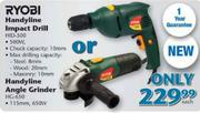 Ryobi Handyline Impact Drill(HID 500) Or Handyline Angle Grinder(HG-650)-Each