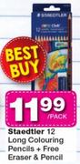 Staedtler 12 Long Colouring Pencils+Free Eraser & Pencil-Per Pack