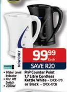 PnP Counter Point-1.7Ltr Cordless Kettle White(CPCK-170) or Black(CPCK-170B) Each