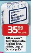 Pnp No Name Baby Disposable Nappies Small, Medium, Large Or Extra Large 25's-Per Pack