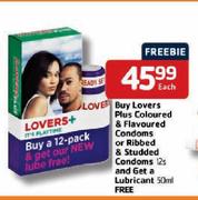 Lovers Plus Coloured & Flavoured Condoms or Ribbed & Studded Condoms 12s + Free Lubricant 50ml-Each