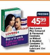 Lovers Plus Coloured & Flavoured Condoms or Ribbed & Studded Condoms 12s + Free Lubricant 50ml-Each