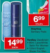 Yardley Deodorant 900ml Lace/White Satin For Women, 125ml English Blazer For Men-Each