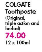 Colgate Toothpaste(Original, Triple Action and Herbal)-12 x 100ml