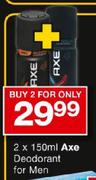 2 x 150ml Axe Deodorant For Men