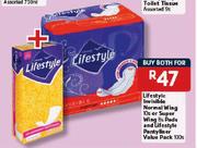 Lifestyle Invisible Normal Wing-10's Or Super Wing-8's Pads And Lifestyle Pantyliner Value Pack-100'