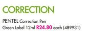 Pentel Correction Pen Green Label-12ml Each