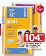  PnP Nappies Midi 52's/Maxi 50's/Maxi Plus 48's/Junior 46's Each