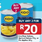 Koo Pear Halves, Apricot Halves-400gm or Pie Apples-2 x 385gm