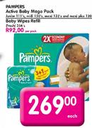Pampers Active Baby Mega Pack Junior 111's, Midi 150's, Maxi 132's and Maxi Plus 120's Each