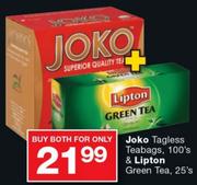 Joko Tagless Teabags, 100's & Lipton Green Tea, 25's