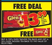 Glen Tagless Teabags-100's + Free 26's Glen Tagless Tea Bags