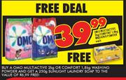 Omo Multiactive 2Kg/Comfort 1.8Kg Washing Powder-Each + Free 250g Sunlight Laundry Soap