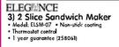 Sunbeam Elegance 2 Slice Sandwich Maker ELSM-07 Each