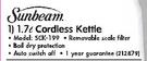 Sunbeam 1.7L Cordless Kettle SCK-199 Each