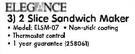 Elegance 2 Slice Sandwich Maker(ELSM-07)