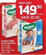 Huggies Gold Boys & Girls Size 3-72's/Size 4-60's/Size 4 Plus-54's/Size 5-50's Per Pack