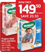 Huggies Gold Boys & Girls Size3-72's/Size 4-60's/Size 4 Plus-54's/Size 5-50's Per Pack