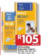 PnP Real Baby Disposable Nappies Midi-52's/Maxi-50's/Maxi Plus-48's/Junior-46's Per Pack