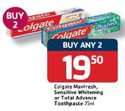Colgate Maxifresh Sensitive Whitening Or Total Advance Toothpaste-2x75ml