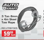 Auto Kraft 3 Ton 8mm x 4m Steel Tow Rope (FED.VTR87305) Each
