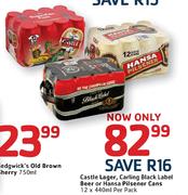 Castle Lager, Carling Black Label Beer or Hansa Pilsener Cans-12 x 440ml Per Pack