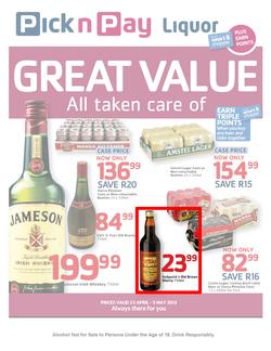 Pick n Pay Liquor : Great Value (23 Apr - 5 May 2013), page 1