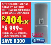 Defy 360 Litre(Gross Capacity) Metallic BOttom Freezer Fridge With Water Dispenser-Each