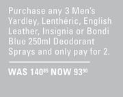 3 Men's Yardley,Lentheric,English Leather,Insignia Or Bondi Bleu 250ml Deodorant Spray 