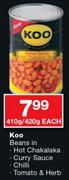 Koo Beans In Hot Chakalaka Curry Sauce Chilli Tomato & Herb-410/420G