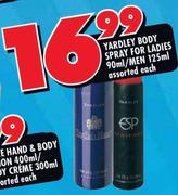 Yardley Body Spray For Ladies-90ml/Men-125ml Each