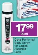 Coty Perfumed Body Spray For Ladies Assorted-90ml