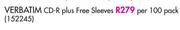 Verbatim CD-R Plus Free Sleeves-Per 100 Pack