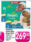 Pampers Active Baby Mega Pack Junior-111's / Midi-150's / Maxi-132's And Maxi Plus-120's Each