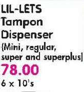 Lil-Lets Tampon Dispenser (Mini, Regular, Super And Superplus)-6X10's Pack