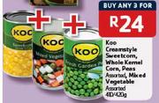 Koo Creamstyle Sweetcorn, Whole Kemel Corn, Peas Mixed Vegetable-410/420Gm
